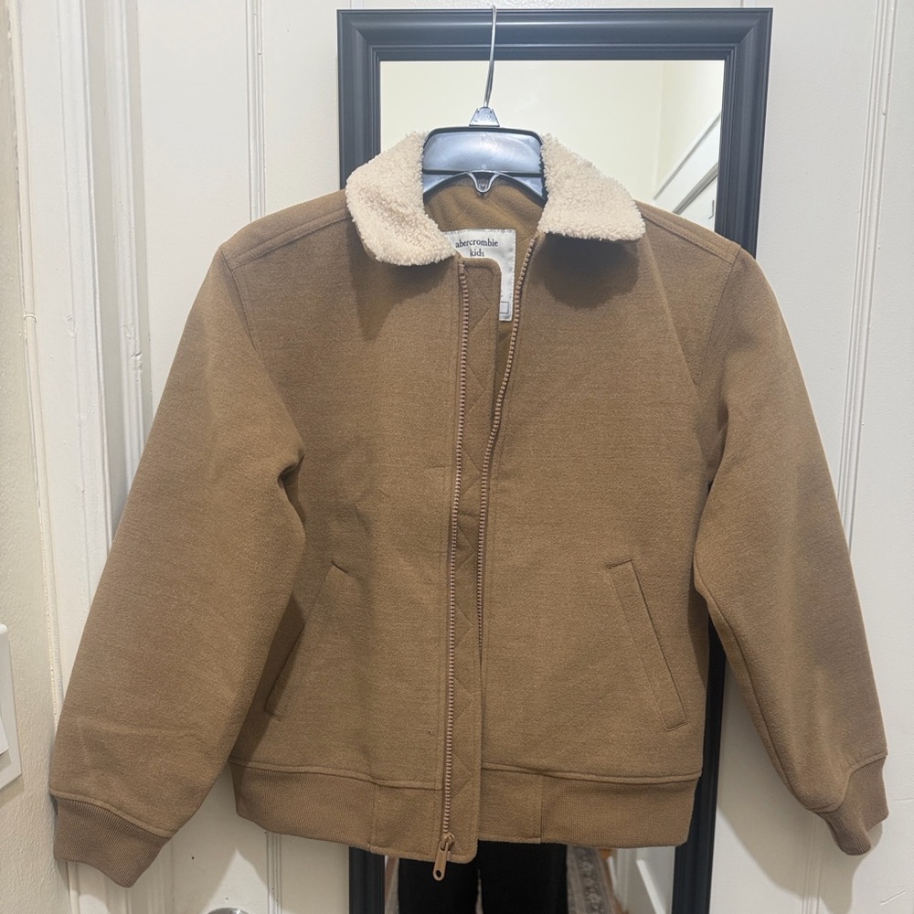 abercrombie kids brown puffer jacket with cream sherpa collar